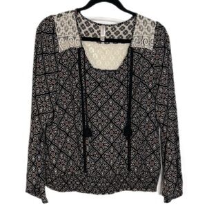 Exhilaration Black Floral Boho Peasant Blouse Lace Trim Tie Neck XXL